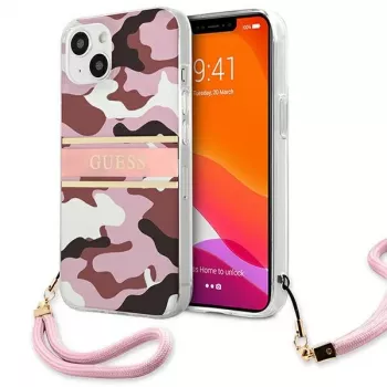Guess GUHCP13MKCABPI Hard Case für iPhone 13 / 14 / 15 6,1 inch Pink Camo Strap Collection