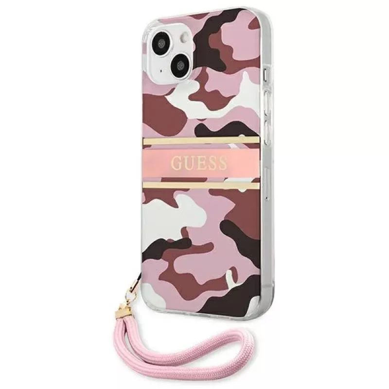Guess GUHCP13MKCABPI Hard Case für iPhone 13 / 14 / 15 6,1 inch Pink Camo Strap Collection