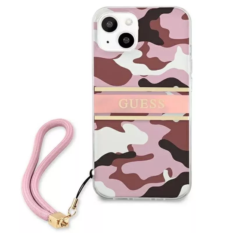 Guess GUHCP13MKCABPI Hard Case für iPhone 13 / 14 / 15 6,1 inch Pink Camo Strap Collection