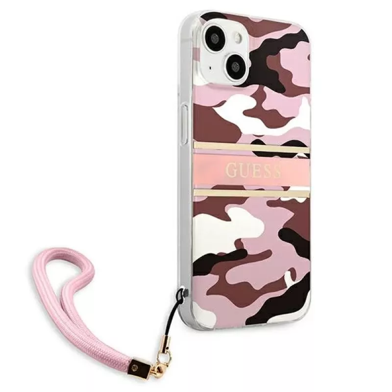 Guess GUHCP13MKCABPI Hard Case für iPhone 13 / 14 / 15 6,1 inch Pink Camo Strap Collection