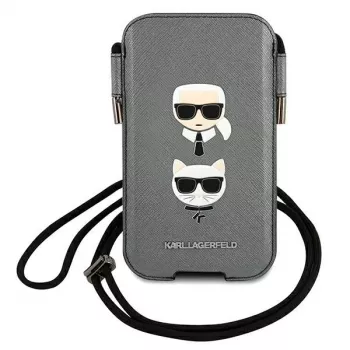 Karl Lagerfeld Ikonik Hardcase für Apple iPhone 12 Pro Max, Grau Saffiano PU, Karl & Choupette Head Design
