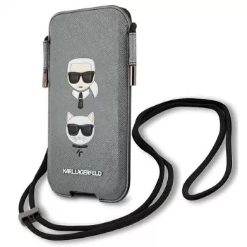 Karl Lagerfeld Ikonik Hardcase für Apple iPhone 12 Pro Max, Grau Saffiano PU, Karl & Choupette Head Design