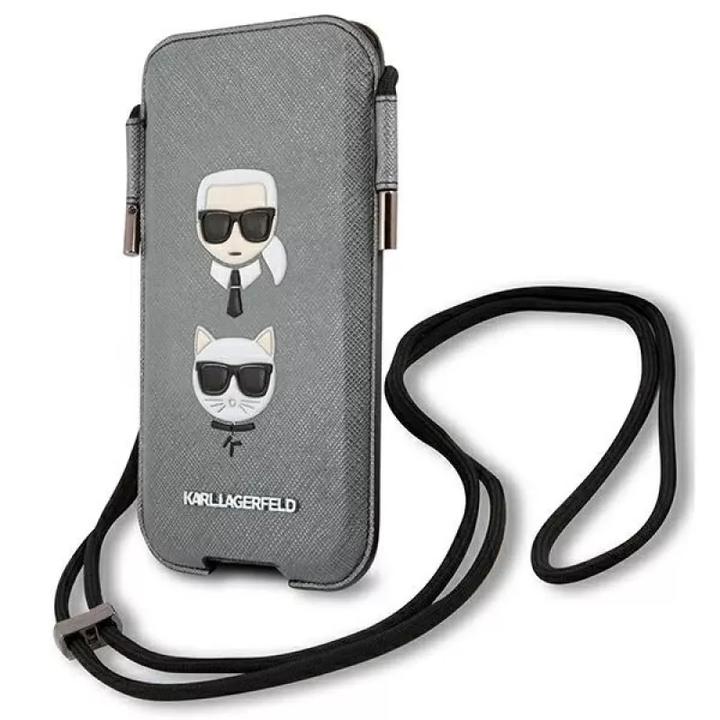 Karl Lagerfeld Ikonik Hardcase für Apple iPhone 12 Pro Max, Grau Saffiano PU, Karl & Choupette Head Design