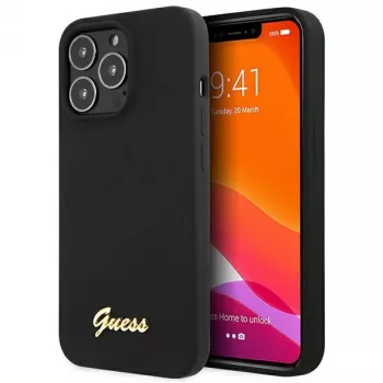 Guess GUHCP13XLSLMGBK iPhone 13 Pro Max 6,7 inch Schwarze Silikon-Hülle mit goldenem Script-Logo