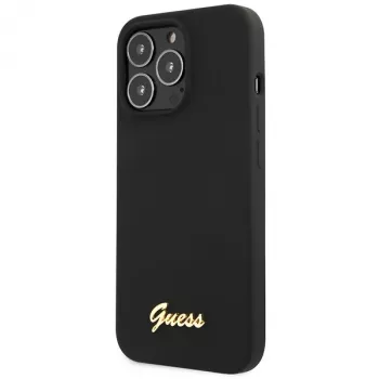 Guess GUHCP13XLSLMGBK iPhone 13 Pro Max 6,7 inch Schwarze Silikon-Hülle mit goldenem Script-Logo