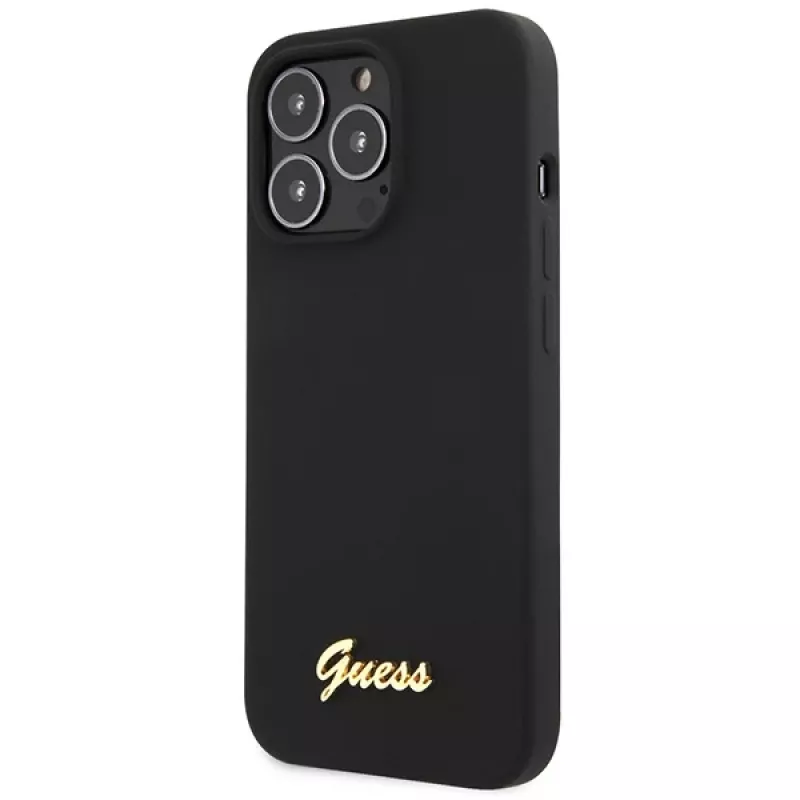 Guess GUHCP13XLSLMGBK iPhone 13 Pro Max 6,7 inch Schwarze Silikon-Hülle mit goldenem Script-Logo