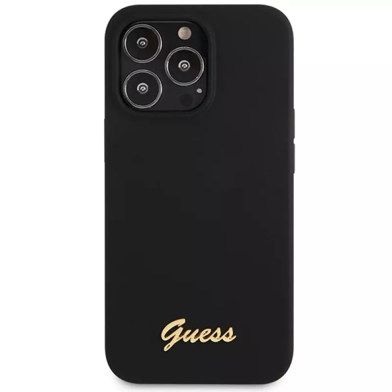 Guess GUHCP13XLSLMGBK iPhone 13 Pro Max 6,7 inch Schwarze Silikon-Hülle mit goldenem Script-Logo