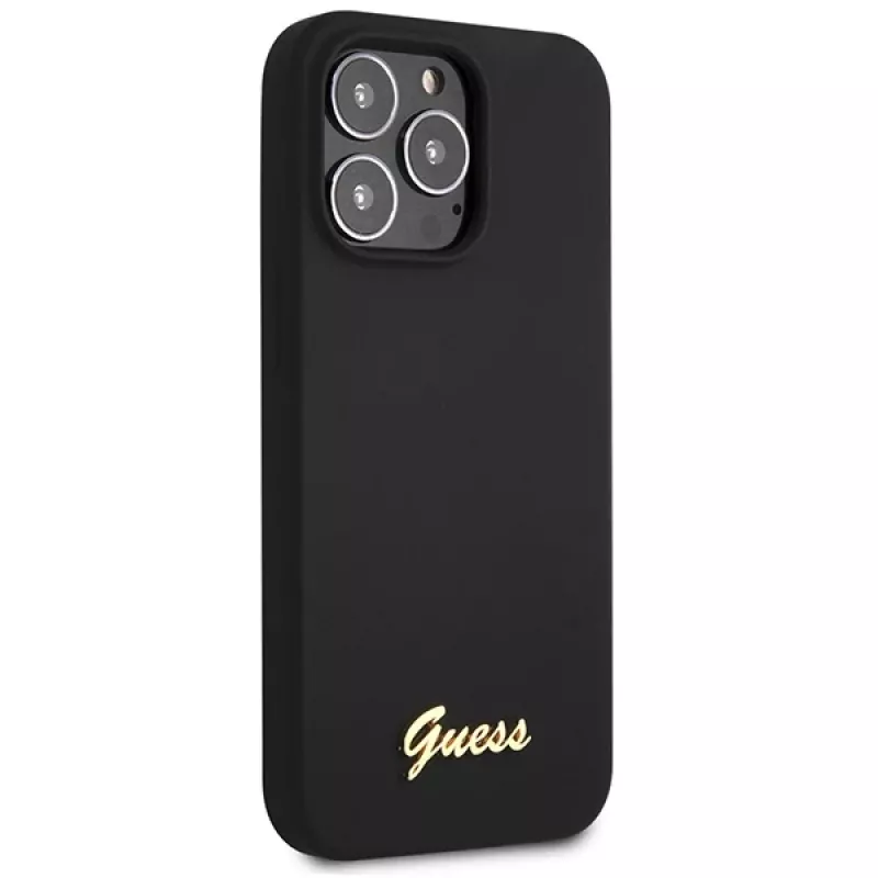 Guess GUHCP13XLSLMGBK iPhone 13 Pro Max 6,7 inch Schwarze Silikon-Hülle mit goldenem Script-Logo
