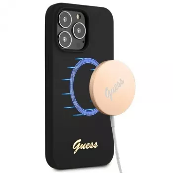 Guess GUHMP13XLSLMGBK Silikon-Hardcase für Apple iPhone 13 Pro Max 6,7 inch Schwarz mit goldenem Schriftzug-Logo MagSafe