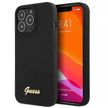 Guess GUHMP13XLSLMGBK Silikon-Hardcase für Apple iPhone 13 Pro Max 6,7 inch Schwarz mit goldenem Schriftzug-Logo MagSafe