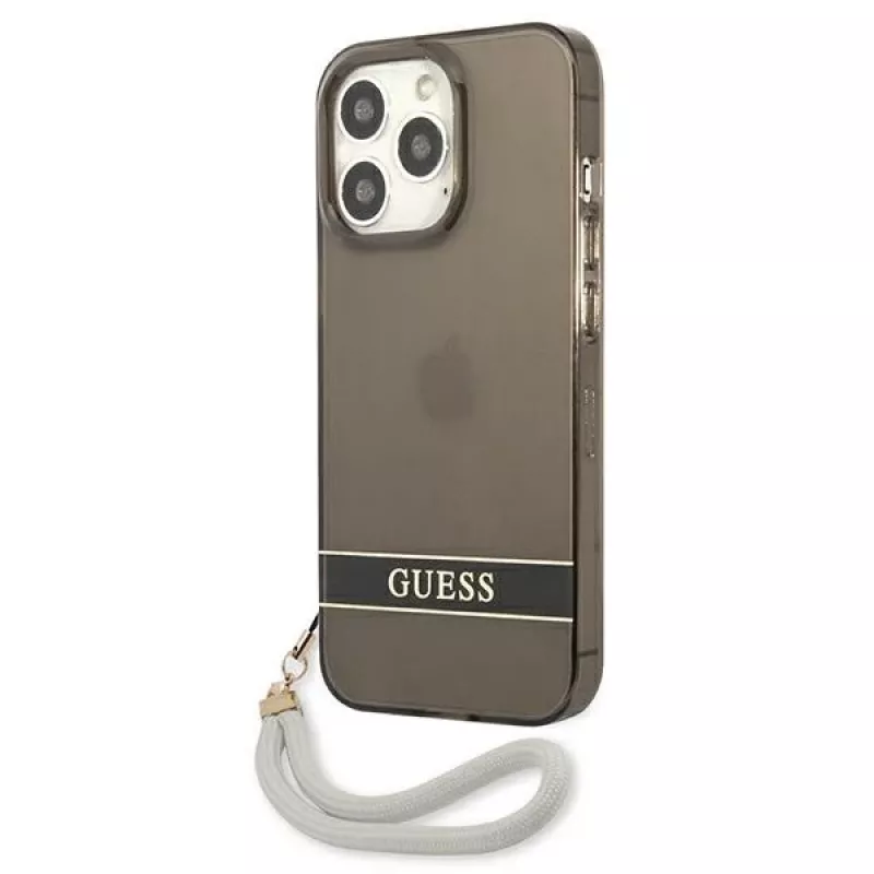 Guess GUHCP13LHTSGSK Translucent Hard Case mit Handschlaufe für Apple iPhone 13 Pro / iPhone 13, Schwarz
