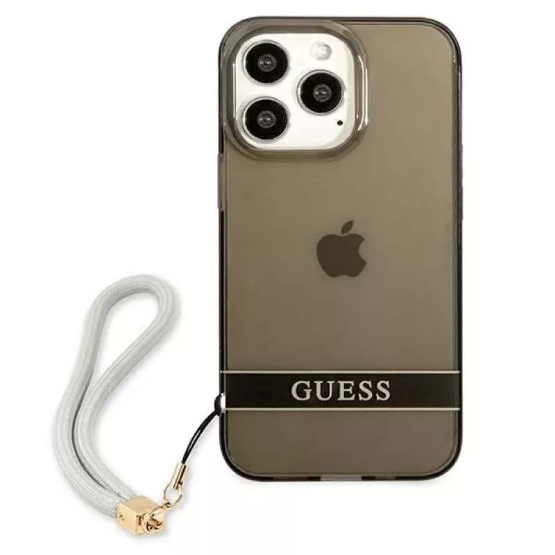 Guess GUHCP13LHTSGSK Translucent Hard Case mit Handschlaufe für Apple iPhone 13 Pro / iPhone 13, Schwarz