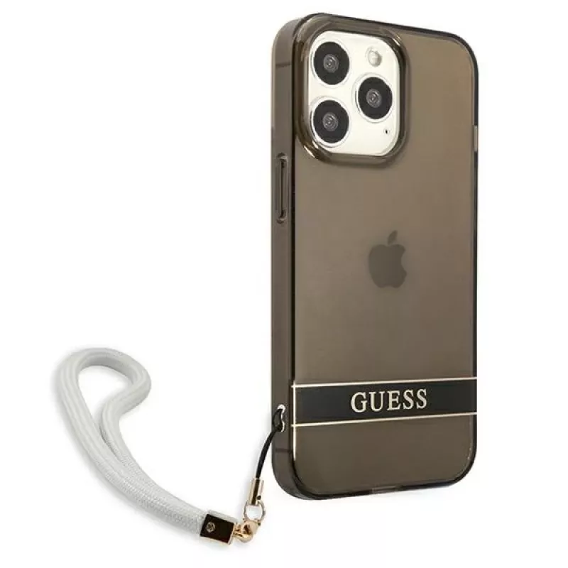 Guess GUHCP13LHTSGSK Translucent Hard Case mit Handschlaufe für Apple iPhone 13 Pro / iPhone 13, Schwarz