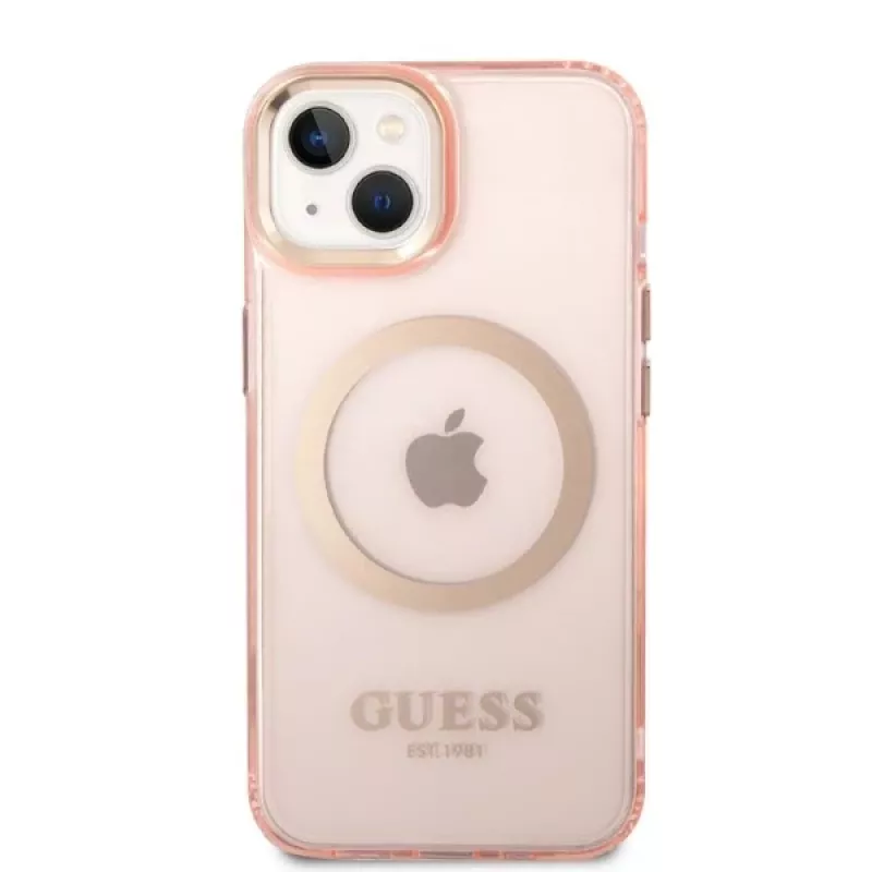 Guess Gold Outline Translucent MagSafe Hard Case für iPhone 13/14/15 6,1 inch Pink