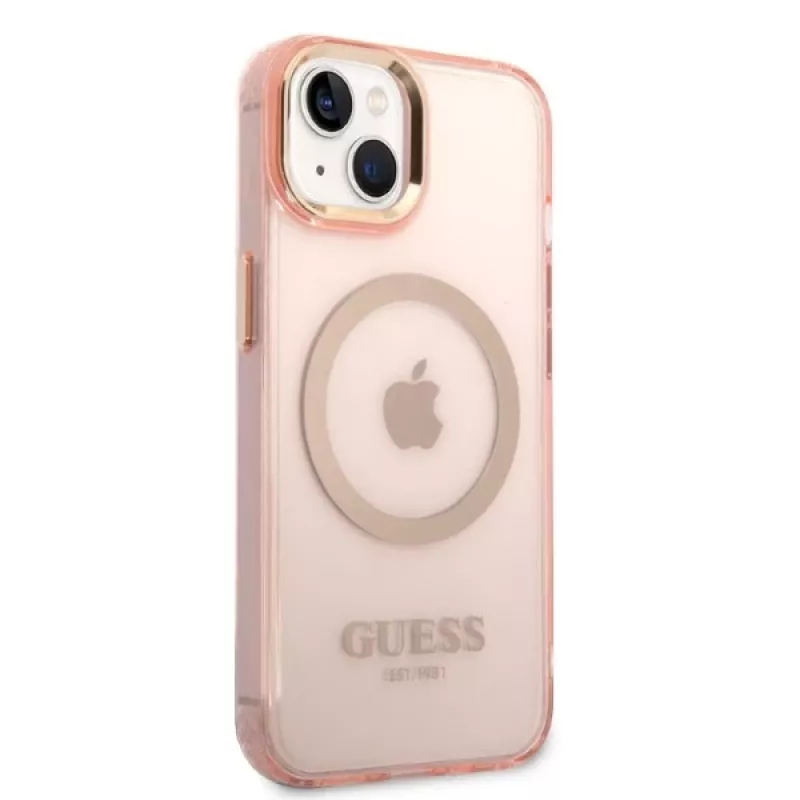 Guess Gold Outline Translucent MagSafe Hard Case für iPhone 13/14/15 6,1 inch Pink