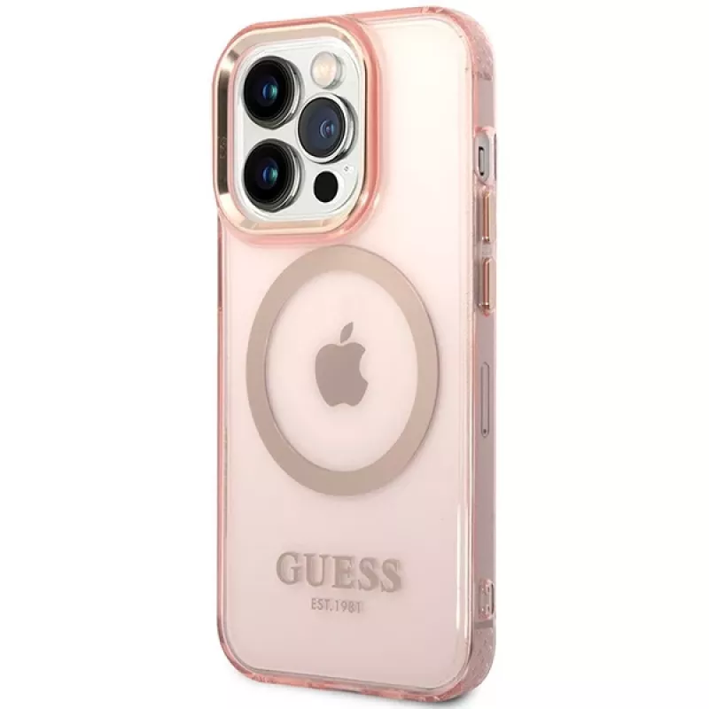 Guess Gold Outline Translucent MagSafe Case für iPhone 14 Pro Max 6,7 inch Pink Hartschale