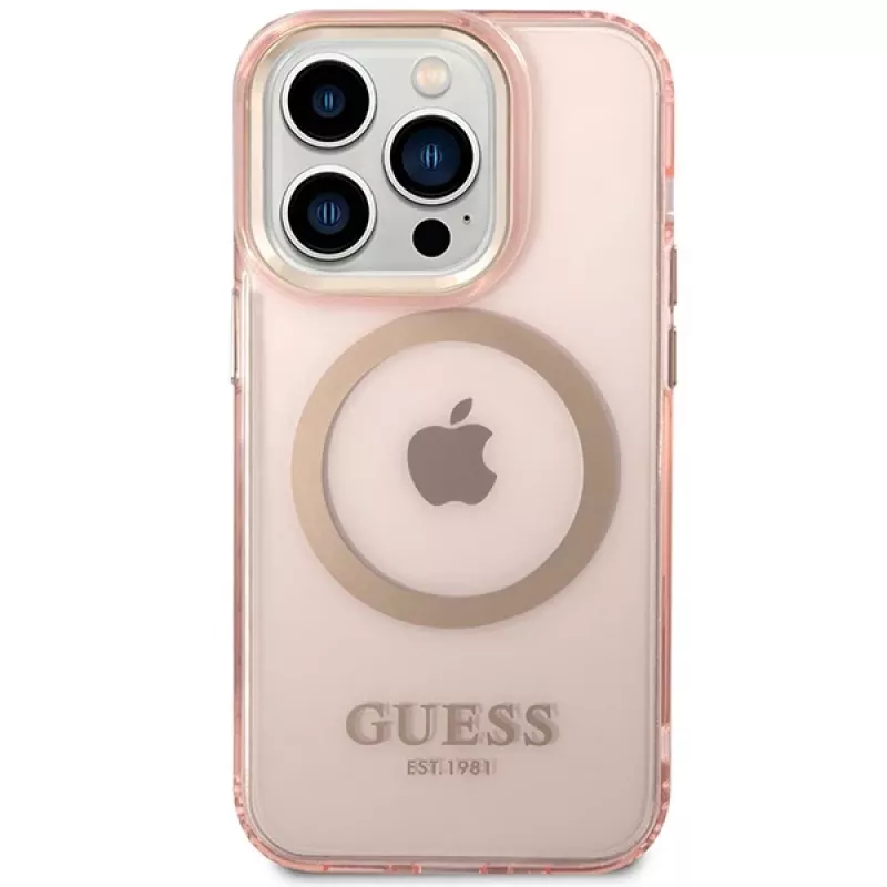 Guess Gold Outline Translucent MagSafe Case für iPhone 14 Pro Max 6,7 inch Pink Hartschale
