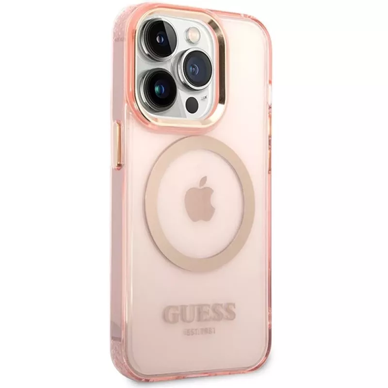 Guess Gold Outline Translucent MagSafe Case für iPhone 14 Pro Max 6,7 inch Pink Hartschale