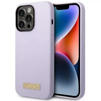 Guess GUHMP14LSBPLU Silikon-Hardcase mit Logo-Platte für Apple iPhone 14 Pro 6,1 inch - Lila, MagSafe-kompatibel