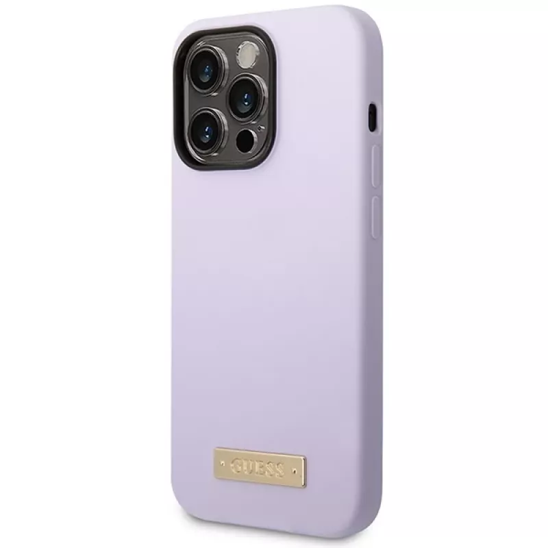 Guess GUHMP14LSBPLU Silikon-Hardcase mit Logo-Platte für Apple iPhone 14 Pro 6,1 inch - Lila, MagSafe-kompatibel