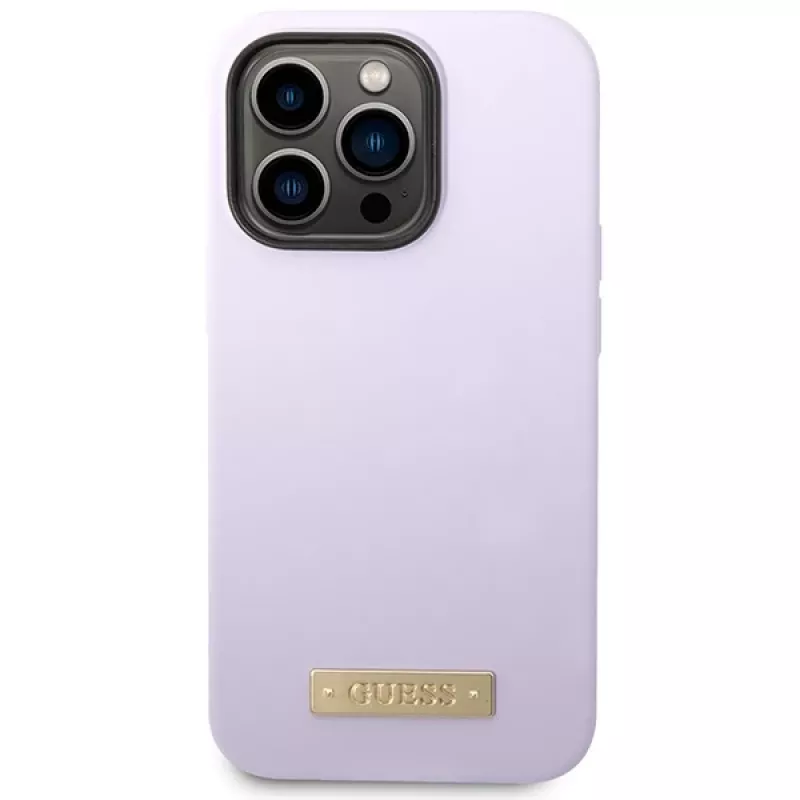 Guess GUHMP14LSBPLU Silikon-Hardcase mit Logo-Platte für Apple iPhone 14 Pro 6,1 inch - Lila, MagSafe-kompatibel
