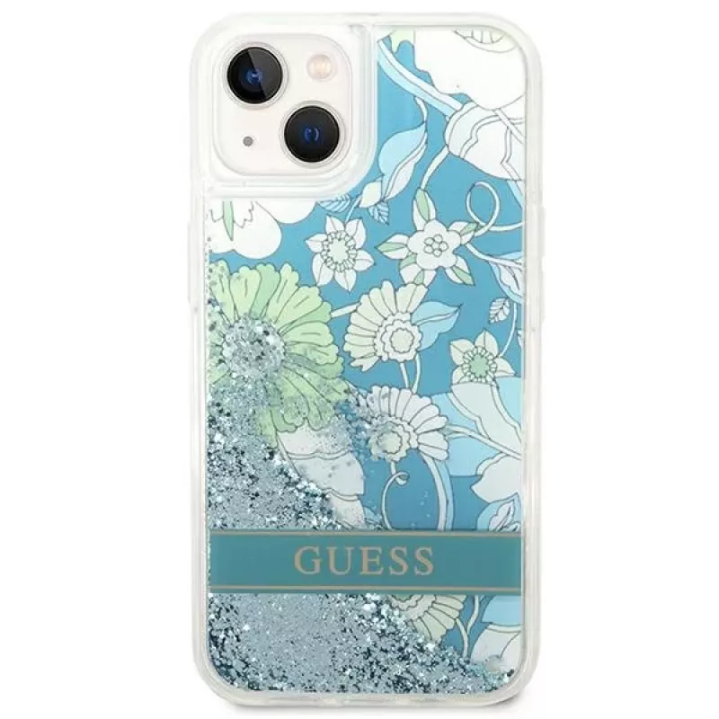 Guess GUHCP14SLFLSN Flower Liquid Glitter Hard Case für Apple iPhone 13 / 14 / 15 6,1 inch - Grün