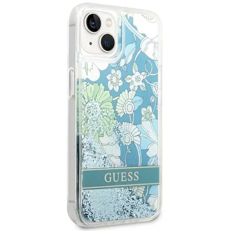 Guess GUHCP14SLFLSN Flower Liquid Glitter Hard Case für Apple iPhone 13 / 14 / 15 6,1 inch - Grün