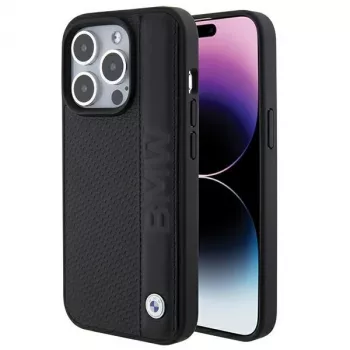 BMW BMHCP15L22RDPK iPhone 15 Pro 6,1 inch Hardcase Leder Textur & Streifen Schwarz