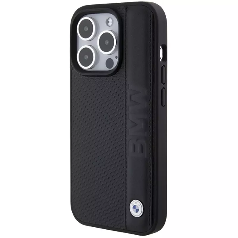 BMW BMHCP15L22RDPK iPhone 15 Pro 6,1 inch Hardcase Leder Textur & Streifen Schwarz