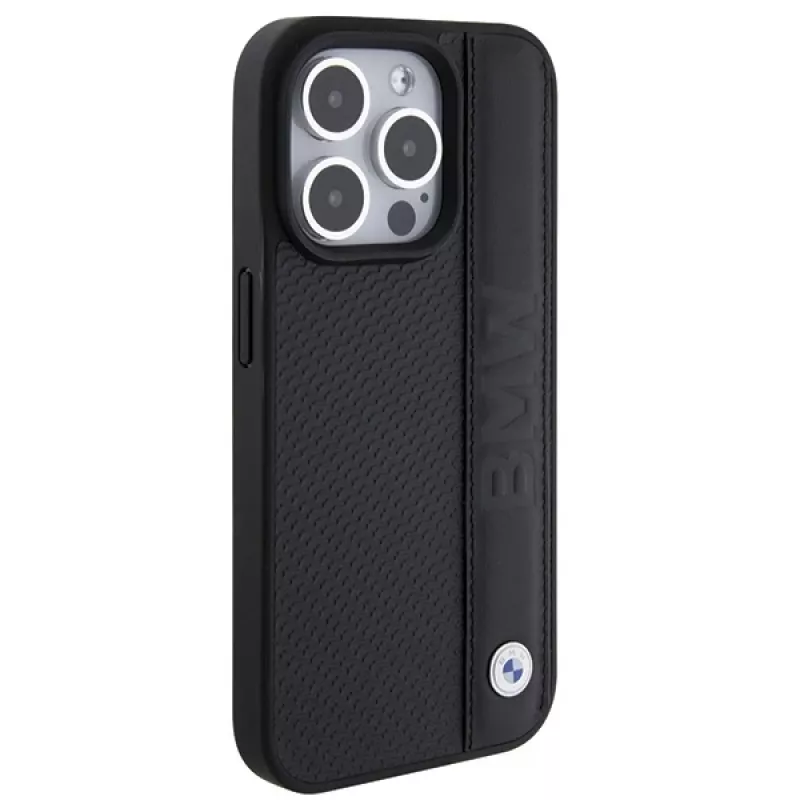 BMW BMHCP15L22RDPK iPhone 15 Pro 6,1 inch Hardcase Leder Textur & Streifen Schwarz