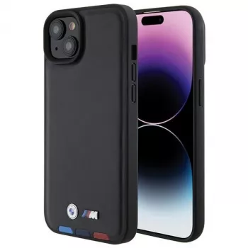 BMW M Collection Leather Stamp Back Cover für iPhone 15 Plus / 14 Plus 6,7 inch - Black Tricolor