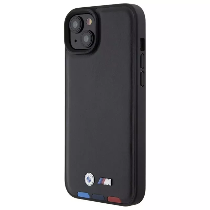 BMW M Collection Leather Stamp Back Cover für iPhone 15 Plus / 14 Plus 6,7 inch - Black Tricolor