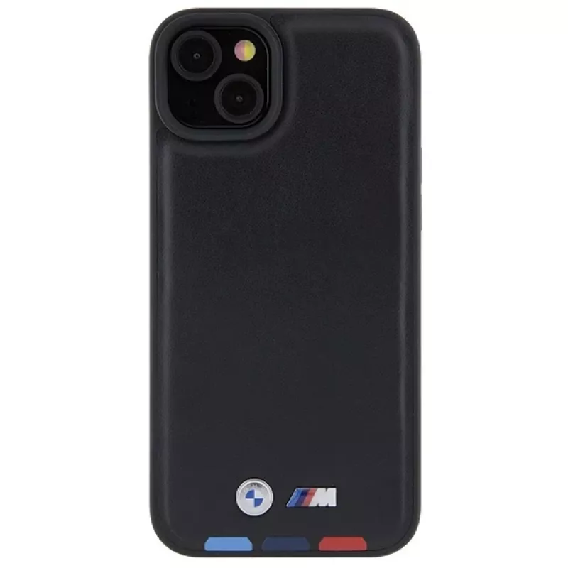BMW M Collection Leather Stamp Back Cover für iPhone 15 Plus / 14 Plus 6,7 inch - Black Tricolor