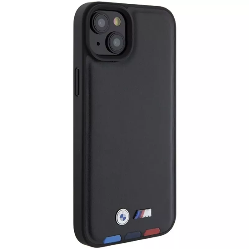 BMW M Collection Leather Stamp Back Cover für iPhone 15 Plus / 14 Plus 6,7 inch - Black Tricolor