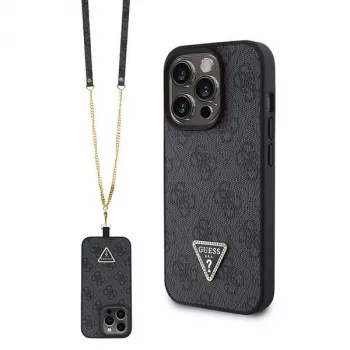 GUESS PU 4G Strass Triangle Metal Case + Strap für iPhone 15 Pro Schwarz