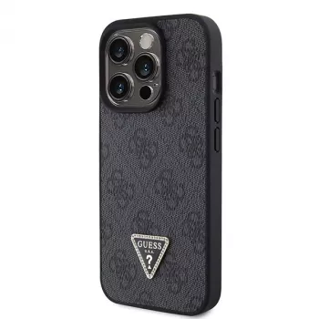 GUESS PU 4G Strass Triangle Metal Case + Strap für iPhone 15 Pro Schwarz