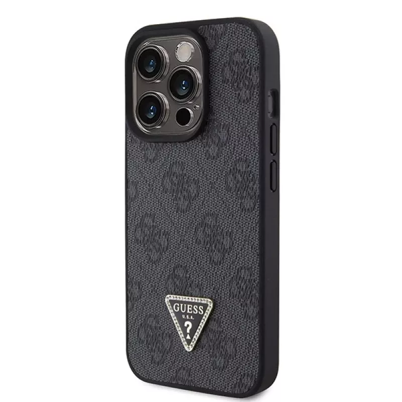 GUESS PU 4G Strass Triangle Metal Case + Strap für iPhone 15 Pro Schwarz