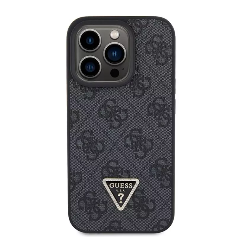 GUESS PU 4G Strass Triangle Metal Case + Strap für iPhone 15 Pro Schwarz