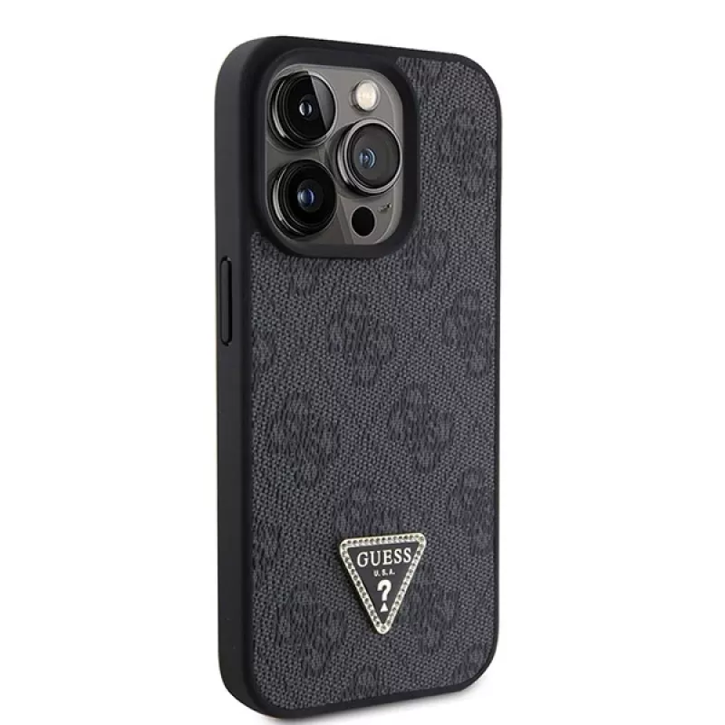 GUESS PU 4G Strass Triangle Metal Case + Strap für iPhone 15 Pro Schwarz