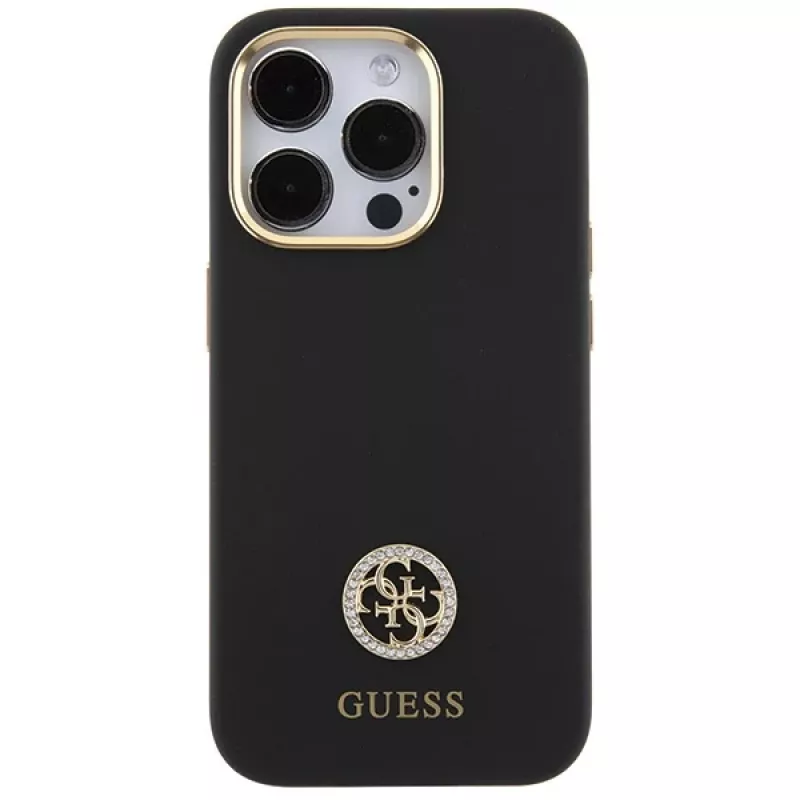 Guess GUHCP15XM4DGPK Hardcase Silicone Logo Strass 4G Back Cover für Apple iPhone 15 Pro Max 6,7 Zoll Schwarz