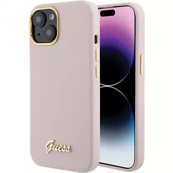 Guess GUHCP15SSMBSLP Silicone Script Metal Logo & Frame Hard Case für Apple iPhone 15 / 14 / 13 6,1 inch - Pink