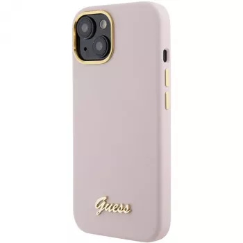 Guess GUHCP15SSMBSLP Silicone Script Metal Logo & Frame Hard Case für Apple iPhone 15 / 14 / 13 6,1 inch - Pink