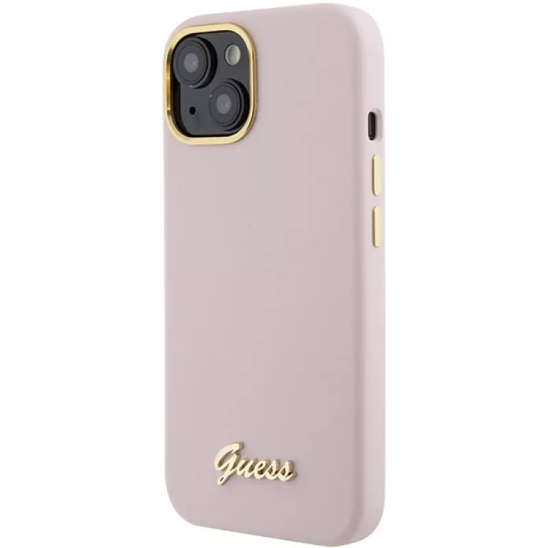 Guess GUHCP15SSMBSLP Silicone Script Metal Logo & Frame Hard Case für Apple iPhone 15 / 14 / 13 6,1 inch - Pink