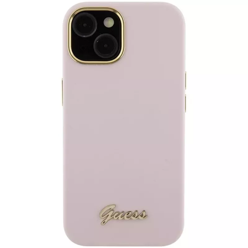 Guess GUHCP15SSMBSLP Silicone Script Metal Logo & Frame Hard Case für Apple iPhone 15 / 14 / 13 6,1 inch - Pink