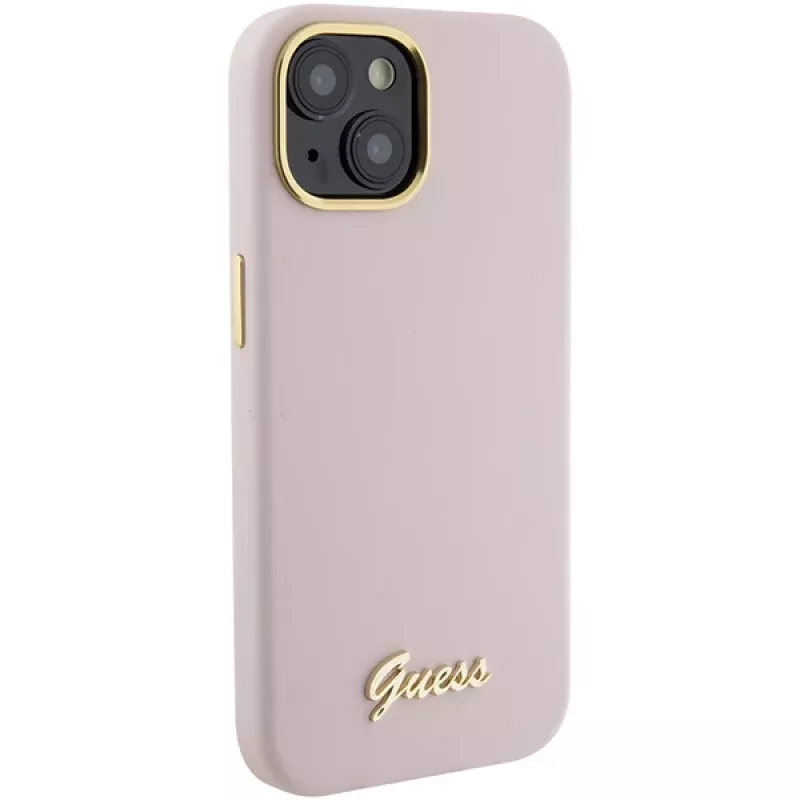 Guess GUHCP15SSMBSLP Silicone Script Metal Logo & Frame Hard Case für Apple iPhone 15 / 14 / 13 6,1 inch - Pink
