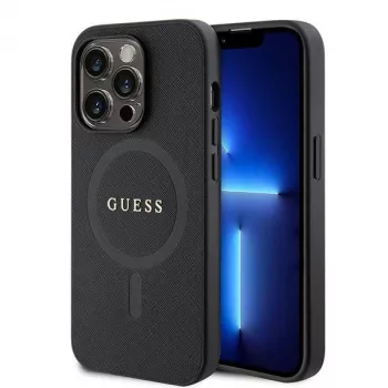 GUESS Saffiano PU MagSafe Case für iPhone 15 Pro Schwarz