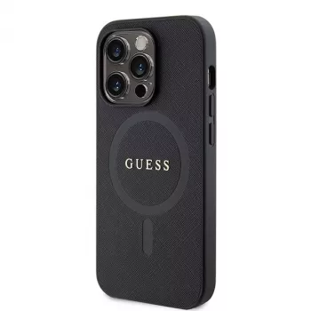 GUESS Saffiano PU MagSafe Case für iPhone 15 Pro Schwarz