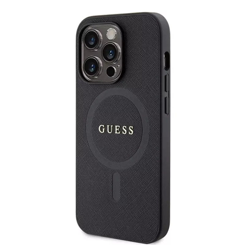 GUESS Saffiano PU MagSafe Case für iPhone 15 Pro Schwarz