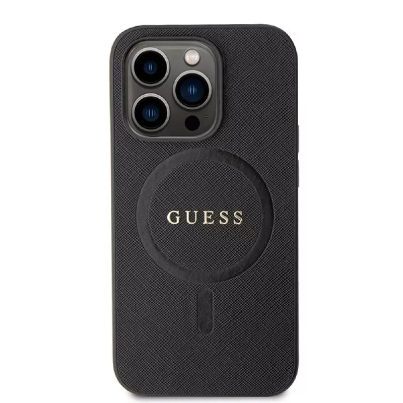 GUESS Saffiano PU MagSafe Case für iPhone 15 Pro Schwarz