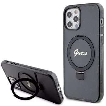 Guess GUHMP12MHRSGSK iPhone 12/12 Pro 6.1 Hard Case Ring Stand Script Glitter MagSafe Schwarz